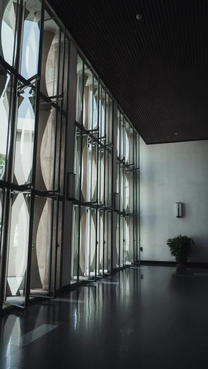 Glass-fronted commercial building lobby